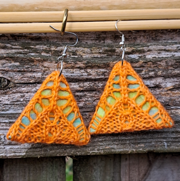 Hand Crafted Jewelry - Triangle Knit Earrings Neon Orange Hand Dyed Yarn Green Abstract Floral Cotton